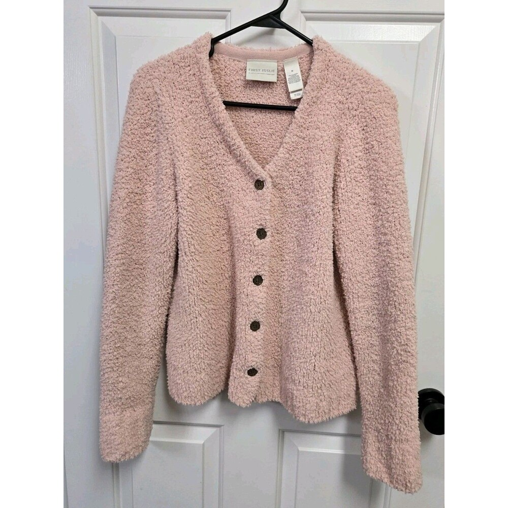 Vintage First Issue Liz Claiborne Pink Fuzzy Popcorn Knit Cardigan Sweater M